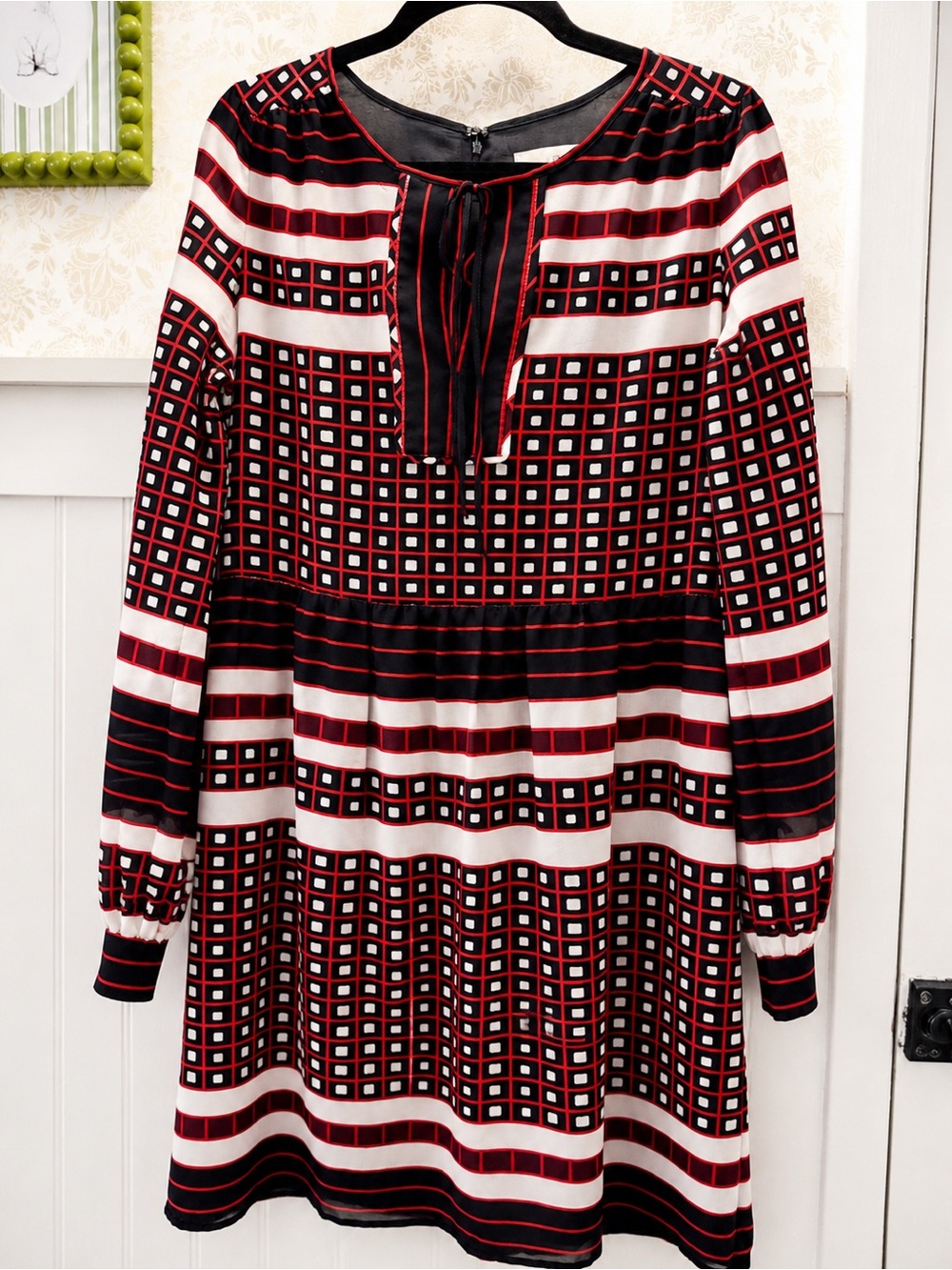 LOFT Red, Black & White Long-Sleeve Geometric Dress - Picture 2 of 4